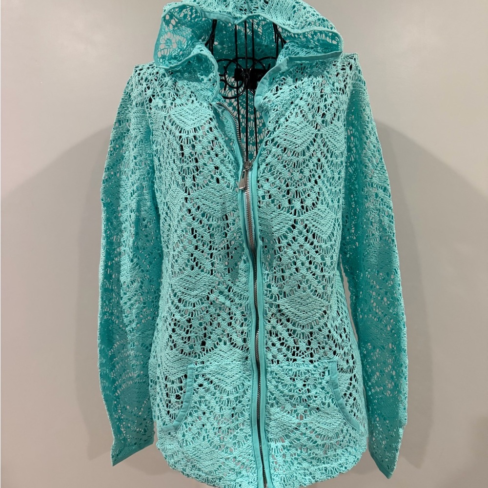 Charlie Paige Turquoise Crochet hooded Swim Cover-Up‎